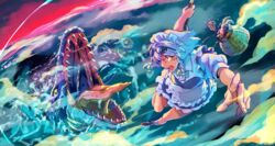  2girls :o absurdres anomalocaris braid brown_footwear brown_hair colored_sclera eyewear_on_head highres izayoi_sakuya maid_headdress midair monster mosasaurus multiple_girls onozuka_komachi open_mouth outdoors prehistoric_animal short_sleeves teeth tongue tongue_out touhou trilobite twin_braids water white_hair yellow_sclera yutarou 