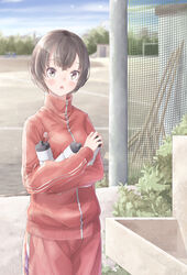  12_graka :o black_eyes blue_sky blurry blurry_background blush bottle breasts brown_hair commentary day female jacket long_sleeves looking_at_viewer medium_breasts net original outdoors pants rake red_jacket red_pants school_uniform short_hair sky solo standing track_jacket track_suit water_bottle 