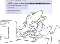  2021 4chan angry anthro bodily_fluids canid canine canis claws computer computer_monitor crying digital_drawing_(artwork) digital_media_(artwork) electronics english_text eyelashes female five_nights_at_freddy&#039;s five_nights_at_freddy&#039;s:_security_breach fluffy fluffy_tail furniture green_hair hair keyboard mammal monitor monochrome onomatopoeia profanity roxanne_wolf running_makeup running_mascara scottgames screencap shaking sharp_teeth shoulder_pads simple_background solo sound_effects steel_wool_studios table tail tears tears_of_rage teeth text the_weaver thread trembling typing white_background wolf 