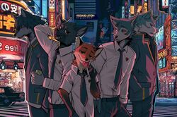  2020 aggretsuko amazing_background angiewolf anthro beastars belt blue_eyes bodily_fluids bottomwear brand_new_animal brown_eyes building can canid canine canis car city cityscape clothing container crossover detailed detailed_background digital_media_(artwork) disney food fox fur gloves_(marking) green_eyes group haida_(aggretsuko) hand_behind_head hand_in_pocket holding_can holding_container holding_food holding_object hyena inner_ear_fluff japan japanese_text legoshi_(beastars) light lighting looking_at_viewer male mammal markings necktie nick_wilde ookami_(wolf_children) open_mouth open_smile orange_body orange_fur outside pants pawpsicle pockets popsicle red_fox sanrio shirou_ogami shirt sign size_difference smile spotted_hyena street studio_trigger sweat text tokyo topwear true_fox tuft urban vehicle wolf wolf_children zootopia 