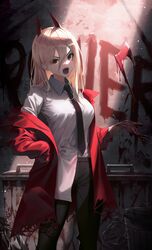  axe bad_id bad_pixiv_id black_pants blonde_hair blood blood_on_hands blood_on_wall blood_on_weapon breasts chainsaw_man cross-shaped_pupils demon_girl demon_horns dress_shirt female hair_between_eyes hand_on_own_hip highres horns jacket long_hair long_sleeves open_clothes open_jacket open_mouth pants power_(chainsaw_man) red_hair red_horns red_jacket sharp_teeth shirt shirt_partially_tucked_in solo symbol-shaped_pupils teeth weapon white_shirt yuyo_(i_iuyo) 