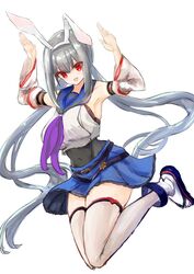  :d animal_ears arms_up assault_lily bare_shoulders belt belt_buckle black_belt black_shirt blue_sailor_collar blue_skirt breasts buckle covered_navel crop_top detached_sleeves fake_animal_ears female fujita_asagao full_body grey_thighhighs highres jumping large_breasts layered_sleeves legs_up long_hair long_sleeves looking_at_viewer midair miniskirt multiple_belts neckerchief neni_hatahachi odaiba_girls_high_school_uniform oerba_yun_fang open_mouth pleated_skirt purple_neckerchief rabbit_ears rabbit_pose red_eyes sailor_collar sandals school_uniform serafuku shirt sideboob sidelocks skin_fang skirt sleeveless sleeveless_shirt smile solo thighhighs twintails undershirt very_long_hair white_background white_shirt wide_sleeves zettai_ryouiki zouri 