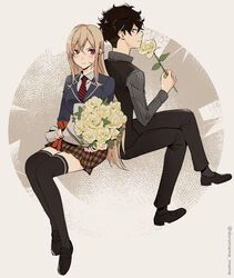  1boy artist_name black_footwear black_hair black_legwear black_pants black_vest bouquet brown_hair commentary_request crossed_legs diagonal-striped_clothes diagonal-striped_necktie doromame female flower full_body holding holding_bouquet holding_flower loafers long_hair long_sleeves looking_at_viewer miniskirt nakiri_asahi nakiri_erina necktie pants plaid plaid_skirt pleated_skirt red_eyes school_uniform shirt shoes shokugeki_no_souma short_hair sitting skirt smile striped_clothes striped_necktie striped_shirt thighhighs tootsuki_saryou_ryouri_gakuen_uniform vest white_flower white_shirt wing_collar yellow_flower zettai_ryouiki 