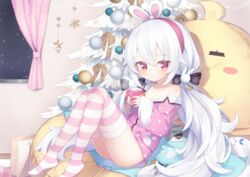  animal_ears azur_lane bag breasts christmas christmas_ornaments christmas_tree cleavage closed_mouth commentary_request cup curtains female hair_between_eyes hairband highres holding holding_cup indoors knees_up kokone_(coconeeeco) laffey_(azur_lane) laffey_(sleep_to_clean_another_day)_(azur_lane) long_hair long_sleeves looking_at_viewer low_twintails manjuu_(azur_lane) meowfficer_(azur_lane) no_shoes off_shoulder pajamas paper_bag partial_commentary pink_pajamas pink_shirt polka_dot polka_dot_pajamas polka_dot_shirt rabbit_ears red_eyes red_hairband shirt sleeves_past_wrists small_breasts solo striped_clothes striped_thighhighs thighhighs twintails very_long_hair white_hair wide_sleeves window 