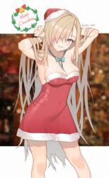  absurdres alternate_costume asuna_(blue_archive) blonde_hair blue_archive blue_eyes blush breasts christmas cleavage dress female hair_over_one_eye hand_in_own_hair hat highres large_breasts long_hair looking_at_viewer neil_(neil_nim) santa_hat signature smile solo 