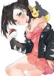  aqua_eyes asymmetrical_bangs asymmetrical_hair bare_shoulders black_choker black_hair black_jacket black_nails blush breasts choker commentary dress earrings female from_side hair_ribbon highres holding holding_poke_ball jacket jewelry long_hair long_sleeves looking_at_viewer marnie_(pokemon) morpeko morpeko_(full) off_shoulder on_shoulder open_clothes pink_dress poke_ball poke_ball_(basic) pokemon pokemon_(creature) pokemon_on_shoulder pokemon_swsh red_ribbon ribbon simple_background small_breasts twintails white_background xhunzei 