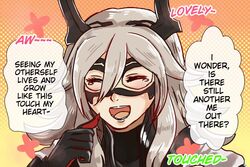  closed_eyes commentary_request domino_mask english_text engrish_text female fire_emblem fire_emblem_heroes grey_hair horns long_hair mask nyawn5 open_mouth ranguage solo tearing_up thrasir_(fire_emblem) upper_body 