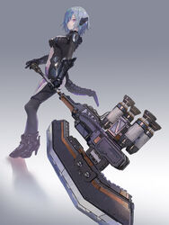  axe blue_hair commentary denki dutch_angle english_commentary female holding holding_axe holding_weapon original pink_eyes science_fiction short_hair simple_background solo tail thrusters weapon 