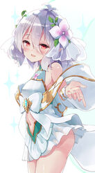  :d antenna_hair bare_shoulders blush bow breasts clothing_cutout commentary_request cowboy_shot dress elf female flower grey_hair hair_between_eyes hair_flower hair_ornament hand_up kokkoro_(princess)_(princess_connect!) kokkoro_(princess_connect!) looking_at_viewer looking_to_the_side navel navel_cutout nyahu_(nyahu_77) open_mouth pink_flower pleated_dress pointy_ears princess_connect! princess_form_(princess_connect!) purple_flower red_eyes see-through short_hair sleeveless sleeveless_dress small_breasts smile solo sparkle white_bow white_dress 