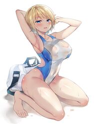  arm_behind_head armpits arms_up bag bare_shoulders barefoot blonde_hair blue_eyes breasts clothing_cutout competition_swimsuit covered_navel duffel_bag female full_body gakkou_de_seishun! groin highleg highleg_swimsuit highres kuwahara_hazuki large_breasts looking_at_viewer one-piece_swimsuit open_mouth sanshoku_amido see-through shadow short_hair side_cutout simple_background smile solo swimsuit thighs wet wet_clothes wet_swimsuit white_background 