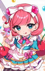  :q annie_(league_of_legends) apron blue_eyes blue_shirt blush bob_cut bow bowtie buttons cafe_cuties_(league_of_legends) cafe_cuties_annie cherry cupcake double-breasted female food fruit hairbow highres holding inuyama_nanami league_of_legends looking_at_viewer medium_hair pantyhose pink_bow pink_bowtie shirt smile solo striped_clothes striped_pantyhose tongue tongue_out waist_apron white_apron white_bow 