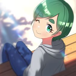  ;) absurdres bench blush feet_out_of_frame female green_eyes green_hair grey_hoodie highres hood hood_down hoodie looking_at_viewer one_eye_closed original shadow short_hair sinohira_rin sitting smile solo thick_eyebrows 