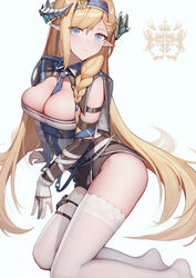  absurdres arknights arm_strap bangs bare_shoulders between_breasts black_gloves blonde_hair blue_eyes blue_hairband blue_necktie braid breasts cleavage commentary cyanide-whale elbow_gloves female gloves hairband highres horns kingdom_of_victoria_logo large_breasts long_hair looking_at_viewer necktie necktie_between_breasts no_shoes saileach_(arknights) simple_background single_braid smile solo thighhighs thighs very_long_hair white_background white_legwear 