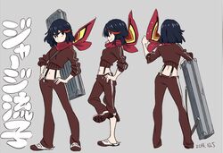  arm_rest black_hair brown_jacket brown_pants carrying case closed_mouth commentary_request crop_top dated double_vertical_stripe female from_behind from_side frown grey_background hands_on_own_hips highres jacket kill_la_kill leg_up living_clothes looking_at_viewer matoi_ryuuko medium_hair midriff multicolored_hair multiple_views navel neckerchief pants pants_rolled_up red_hair red_neckerchief reference_sheet senketsu senketsu_(scarf) shoes simple_background single_vertical_stripe smile standing standing_on_one_leg streaked_hair sushio suspenders sweat track_jacket track_pants track_suit translated two-tone_hair uwabaki white_footwear 