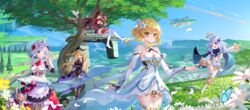  5girls :d ;) absurdres amber_(genshin_impact) bare_shoulders bird blonde_hair blue_eyes breasts brown_hair bug butterfly cape chinese_commentary cleavage commentary_request day detached_sleeves dress fischl_(genshin_impact) floating floating_island flower genshin_impact goggles goggles_on_head grass green_eyes hair_flower hair_ornament highres horizon long_hair lumine_(genshin_impact) mini_person minigirl mixed-language_commentary multiple_girls nest noelle_(genshin_impact) one_eye_closed open_mouth outdoors paimon_(genshin_impact) romper short_hair smile sword swordsouls thighhighs tree two_side_up very_long_hair weapon white_dress white_hair white_romper whiteblind_(genshin_impact) yellow_eyes 