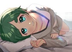  aqua_eyes blush female full_body futomayu-chan_(sinohira_rin) green_hair highres long_sleeves looking_at_viewer original parted_lips pillow shadow short_hair sinohira_rin smile solo thick_eyebrows waking_up 