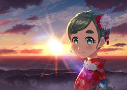  absurdres aqua_eyes cloud cloudy_sky female flower futomayu-chan_(sinohira_rin) green_hair hair_flower hair_ornament highres japanese_clothes kimono mouse_on_shoulder original outdoors print_kimono red_flower short_hair sinohira_rin sky solo thick_eyebrows twilight white_flower 