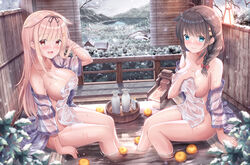  2girls ahoge bad_id bad_pixiv_id bath_yukata black_hair black_ribbon blonde_hair blue_eyes braid breasts food fruit fruit_on_liquid hair_flaps hair_ornament hair_over_shoulder hair_ribbon hairclip japanese_clothes kantai_collection kimono large_breasts long_hair looking_at_viewer multiple_girls onsen orange_(fruit) railing red_eyes ribbon scarf shigure_(kancolle) shigure_kai_ni_(kancolle) shirakawako sitting snow soaking_feet towel tray wet wet_clothes white_scarf yukata yuudachi_(kancolle) yuudachi_kai_ni_(kancolle) 