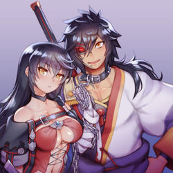  1boy :d bandaged_arm bandages black_choker black_hair black_sclera breasts chains choker cleavage collar collarbone colored_sclera couple eyes_visible_through_hair female folks_(nabokof) grey_background hair_between_eyes hair_over_one_eye hand_on_own_hip heterochromia holding holding_chain long_hair looking_at_viewer medium_breasts navel open_mouth red_eyes rokurou_rangetsu shiny_skin slit_pupils smile straight tales_of_(series) tales_of_berseria velvet_crowe yellow_eyes 