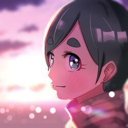  absurdres blurry blurry_background blush cloud cloudy_sky female futomayu-chan_(sinohira_rin) green_hair highres lens_flare original portrait short_hair sinohira_rin sky smile solo thick_eyebrows 