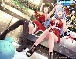  2girls absurdres artist_request bell black_footwear blue_eyes boots breasts brown_eyes brown_footwear brown_hair christmas christmas_ornaments christmas_tree cleavage cleavage_cutout clothing_cutout copyright_name copyright_notice cross-laced_footwear garland_(decoration) gundam gundam_breaker_mobile haro high_heels highres knee_boots kotomori_ran lace-up_boots legs mature_female mochizuki_nao_(gundam_breaker_mobile) mole mole_under_eye mole_under_mouth multiple_girls official_art open_mouth promotional_art purple_eyes sack sandals snow snowflakes sparkle star_(symbol) thighs toenails toes translated 