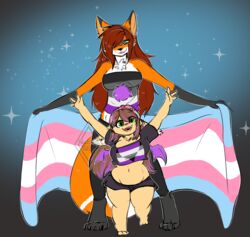  2021 aegosexual_pride_colors anthro asexual_pride_colors bat_wings big_breasts breasts brown_hair canid canine cat_(catldr24) chest_tuft clothed clothing duo female final_fantasy flag flag_(object) flag_print fox fur green_eyes hair hair_over_eye holding_flag holding_object lapinousmalice lgbt_pride looking_at_viewer mammal membrane_(anatomy) membranous_wings moogle multicolored_clothing multicolored_shirt multicolored_t-shirt multicolored_topwear multicolored_tube_top one_eye_obstructed orange_body orange_fur pride_color_clothing pride_color_flag pride_color_shirt pride_color_t-shirt pride_color_topwear pride_color_tube_top pride_colors print_clothing raised_arms red_fox red_hair sefris shirt short_stack smile square_enix standing t-shirt topwear transgender_pride_colors true_fox tube_top tuft wings 