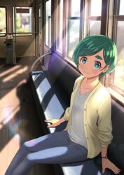  absurdres blush cardigan denim feet_out_of_frame female futomayu-chan_(sinohira_rin) green_eyes green_hair highres jeans looking_at_viewer original pants shirt short_hair sinohira_rin smile solo thick_eyebrows train_interior watch white_shirt window wristwatch 