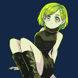  absurdres black_background black_dress black_footwear boots dress earrings female futomayu-chan_(sinohira_rin) green_eyes green_hair highres jewelry knees_up original short_hair simple_background sinohira_rin sitting sleeveless sleeveless_dress sleeveless_sweater solo sweater sweater_dress thick_eyebrows turtleneck 