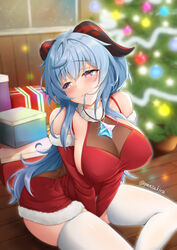  akira_(sayo_dayoo) alternate_costume bare_shoulders between_legs blue_hair blurry blurry_background blush breasts christmas christmas_present christmas_tree closed_mouth commentary covered_nipples detached_sleeves dress female ganyu_(genshin_impact) genshin_impact gift goat_horns hair_in_own_mouth hand_between_legs highres horns jewelry large_breasts long_hair long_sleeves looking_to_the_side necklace no_bra paid_reward_available primogem purple_eyes red_dress see-through sideboob sitting solo thighhighs thighs twitter_username white_thighhighs 