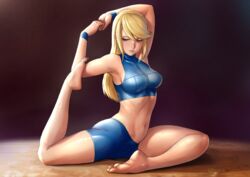  alternate_hairstyle artist_name barefoot bike_shorts blonde_hair blue_eyes blue_shorts blue_wristband breasts commentary dark_background feet female finalcake flexible gymnastics hair_down leg_up lips looking_down medium_breasts metroid metroid_fusion mole mole_under_mouth navel own_hands_together pigeon_pose samus_aran shorts solo stretching tank_top turtleneck wristband yoga 