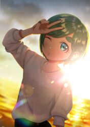  absurdres aqua_eyes backlighting blurry blurry_background blush cloud cloudy_sky female futomayu-chan_(sinohira_rin) green_hair grey_sweater highres lens_flare looking_at_viewer one_eye_closed original parted_lips short_hair sinohira_rin sky solo sweater thick_eyebrows v 