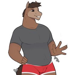  5_fingers absurd_res almy anthro boxer_briefs brick_heartstone bulge clothing digital_media_(artwork) equid equine fingers grey_clothing grey_shirt grey_topwear hair hand_on_hip hi_res horse impact_lines male mammal open_hand patting_belly red_boxer_briefs red_clothing red_underwear shirt signature simple_background slightly_chubby slightly_chubby_anthro slightly_chubby_male smile solo standing text topwear underwear white_background 