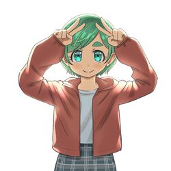  arms_up cardigan double_v female futomayu-chan_(sinohira_rin) green_hair highres looking_at_viewer original plaid plaid_skirt red_cardigan shirt short_hair simple_background sinohira_rin skirt smile solo thick_eyebrows upper_body v white_background white_shirt 