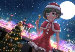  absurdres alcohol aqua_eyes blush building champagne champagne_flute christmas christmas_tree cowboy_shot cup drinking_glass female ferris_wheel futomayu-chan_(sinohira_rin) green_hair highres lens_flare original pantyhose parted_lips santa_costume short_hair sinohira_rin sky smile solo star_(sky) starry_sky thick_eyebrows 