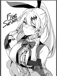  asakawa_(outeq) bare_shoulders blouse blush bow breasts character_name commentary crescent crescent_earrings earrings female fingerless_gloves fingernails five-seven_(girls&#039;_frontline) fn_five-seven frilled_shirt frills girls&#039;_frontline gloves greyscale gun hair_between_eyes hair_ornament hair_ribbon hand_in_own_hair handgun high_ponytail holster holstered jewelry large_breasts looking_at_viewer monochrome name_connection object_namesake rabbit_hair_ornament ribbon shirt sidelocks solo tsurime unfinished upper_body weapon white_background 