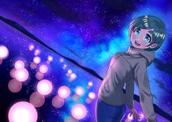  absurdres aqua_eyes cloud cloudy_sky cowboy_shot denim female futomayu-chan_(sinohira_rin) glowing green_hair grey_jacket highres jacket jeans night open_mouth original outdoors pants reflection short_hair sinohira_rin sky smile solo star_(sky) starry_sky thick_eyebrows 