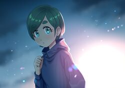  aqua_eyes backlighting blurry blurry_background blush female futomayu-chan_(sinohira_rin) green_hair hand_up highres original parted_lips short_hair sinohira_rin solo thick_eyebrows upper_body 