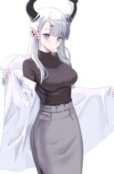  absurdres bad_id bad_pixiv_id blue_eyes blush bralines breasts cake_walker copyright_request demon_horns female hair_ornament highres horns large_breasts looking_at_viewer pencil_skirt piercing pointy_ears simple_background skirt smile solo thea_(nekojira) turtleneck white_background white_hair 