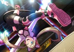  animal_ear_headphones animal_ears aqua_eyes black_shorts black_thighhighs brown_hair cat_ear_headphones fake_animal_ears female headphones highres knee_pads long_hair long_sleeves lucky_chloe one_eye_closed pink_footwear shoes shorts sinohira_rin solo tekken tekken_7 thighhighs upside-down 