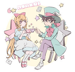  1boy ace_(playing_card) ace_of_hearts alice_(alice_in_wonderland) alice_(alice_in_wonderland)_(cosplay) alice_in_wonderland alternate_costume alternate_hairstyle black_hair blonde_hair blush bow braid card chair commentary_request cosplay crescent crossed_legs cup doromame dress female frown green_dress green_headwear green_jacket grey_eyes hand_up hands_up hat heart jacket long_hair looking_at_another mad_hatter_(alice_in_wonderland) mad_hatter_(alice_in_wonderland)_(cosplay) nakiri_asahi nakiri_erina pink_bow pink_eyes pink_footwear playing_card puffy_short_sleeves puffy_sleeves shoes shokugeki_no_souma short_hair short_sleeves sitting six_of_diamonds smile socks star_(symbol) teacup top_hat white_legwear 