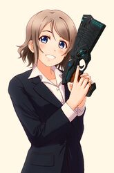  black_jacket blazer blue_eyes blush collarbone collared_shirt cosplay dominator_(gun) dress_shirt female fingernails formal grey_hair grin gun handgun holding holding_gun holding_weapon jacket long_sleeves looking_at_viewer love_live! love_live!_sunshine!! pant_suit pants psycho-pass shirt smile solo suit swept_bangs teeth trigger_discipline upper_body vld watanabe_you weapon white_shirt 