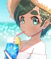  absurdres aqua_eyes bare_shoulders blue_nails blush cup drinking drinking_straw earrings female futomayu-chan_(sinohira_rin) green_hair hat highres jewelry looking_at_viewer off_shoulder original shadow short_hair sinohira_rin solo straw_hat thick_eyebrows upper_body 