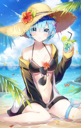  animal aviator_sunglasses bare_legs bare_shoulders between_legs bikini black_bikini black_jacket blue_eyes blue_hair blue_nails blue_sky blush borrowed_clothes breasts brown_hat caustics cleavage closed_mouth cloud collarbone commentary_request cosplay crab cup day drinking_glass drinking_straw eyewear_hang female flower flower_knot food front-tie_bikini_top front-tie_top fruit hair_between_eyes hair_ornament halterneck hat hat_flower hibiscus highres holding holding_cup horizon ice ice_cube jacket leaf leg_ribbon lens_flare lime_(fruit) lime_slice long_sleeves looking_at_viewer medium_breasts nail_art nail_polish natsuki_subaru natsuki_subaru_(cosplay) navel ocean off_shoulder open_clothes open_jacket outdoors photoshop_(medium) re:zero_kara_hajimeru_isekai_seikatsu rem_(re:zero) ribbon short_hair sitting sky solo stomach straw_hat sunglasses swimsuit track_jacket twitter_username unworn_eyewear wariza water wet x_hair_ornament yuna_(deadawon) 