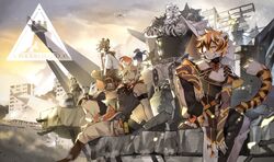  12f_(arknights) 2girls 6+boys aak_(arknights) animal_ears arknights bare_shoulders black_tank_top castle-3_(arknights) cat_boy cat_ears chains dog_boy dog_ears furry furry_female furry_male group_picture highres horns hung_(arknights) hyena_boy hyena_ears lancet-2_(arknights) male_focus medium_hair mountain_(arknights) multicolored_hair multiple_boys multiple_girls orange_eyes pants rangers_(arknights) robot scar scar_across_eye scar_on_face short_hair single_horn sitting spot_(arknights) streaked_hair striped_fur tail tank_top tiger_boy tiger_ears two-tone_fur waai_fu_(arknights) white_fur white_hair white_pants yukiusagi1983 