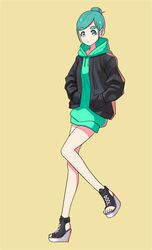  absurdres aqua_eyes black_jacket drawstring female full_body futomayu-chan_(sinohira_rin) green_hair green_hoodie hair_bun hands_in_pockets highres hood hoodie jacket original shoes simple_background single_hair_bun sinohira_rin solo thick_eyebrows toeless_footwear yellow_background 