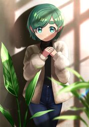  absurdres aqua_eyes blurry blurry_foreground cowboy_shot denim female futomayu-chan_(sinohira_rin) green_hair hands_up highres jeans leaf long_sleeves looking_at_viewer original pants plant shadow short_hair sinohira_rin smile solo thick_eyebrows 