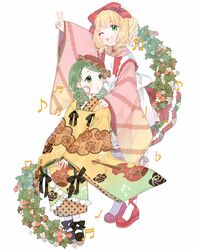  2girls :o ;d absurdres apron arm_up black_footwear blonde_hair bloomers blush commentary_request drill_hair floral_print flower food fruit full_body green_hair hair_ribbon hat highres hinaichigo japanese_clothes kakami_(pixiv7616827) kanaria kimono lolita_fashion long_sleeves looking_at_another looking_back medium_hair multiple_girls musical_note one_eye_closed open_mouth pantyhose pink_kimono red_footwear red_ribbon ribbon rose_print round_teeth rozen_maiden shoes simple_background sitting smile socks standing strawberry strawberry_blossoms teeth twin_drills underwear v violin_print wa_lolita white_background wide_sleeves yellow_kimono 