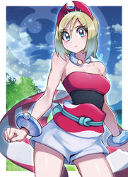  blonde_hair blue_eyes blush bracelet breasts cleavage closed_mouth cloud commentary_request day eyelashes female frown hair_between_eyes hat highres irida_(pokemon) jewelry medium_hair neck_ring outdoors pokemon pokemon_legends:_arceus red_hat red_shirt sash shirt shorts sky solo strapless strapless_shirt waist_cape white_shorts yasu_suupatenin 