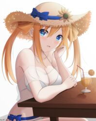  bare_arms bare_shoulders bendy_straw bikini blonde_hair blue_bow blue_eyes blue_ribbon blush bow breasts brown_hat cleavage collarbone commentary cup drink drinking_glass drinking_straw female flower hair_between_eyes hair_rings halterneck hand_up hat hat_bow hat_flower highres keenh large_breasts long_hair looking_at_viewer neptune_(series) orange_hair orange_heart_(neptunia) parted_lips power_symbol power_symbol-shaped_pupils ribbon see-through shin_jigen_game_neptune_vii signature simple_background sitting solo straw_hat string_bikini sun_hat sunflower swimsuit symbol-shaped_pupils table twintails white_background white_bikini yellow_flower 