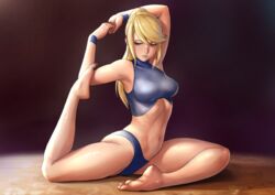  artist_name barefoot bikini blonde_hair blue_bikini blue_eyes blue_wristband breasts dark_background feet female finalcake flexible gymnastics leg_up lips looking_down medium_breasts metroid mole mole_under_mouth navel own_hands_together pigeon_pose ponytail samus_aran solo sports_bikini stretching super_metroid swimsuit tank_top turtleneck wristband yoga 